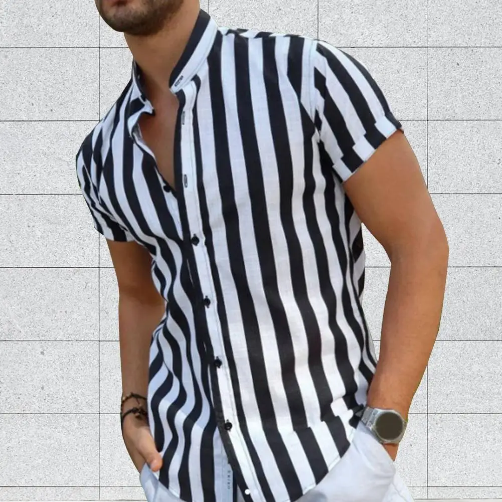 Men Shirt Stripe Contrast Color Stand Collar Single-breasted Summer Top for Work men shirt plaid turn down collar single breasted slim spring shirt fashion business shirt for men for work