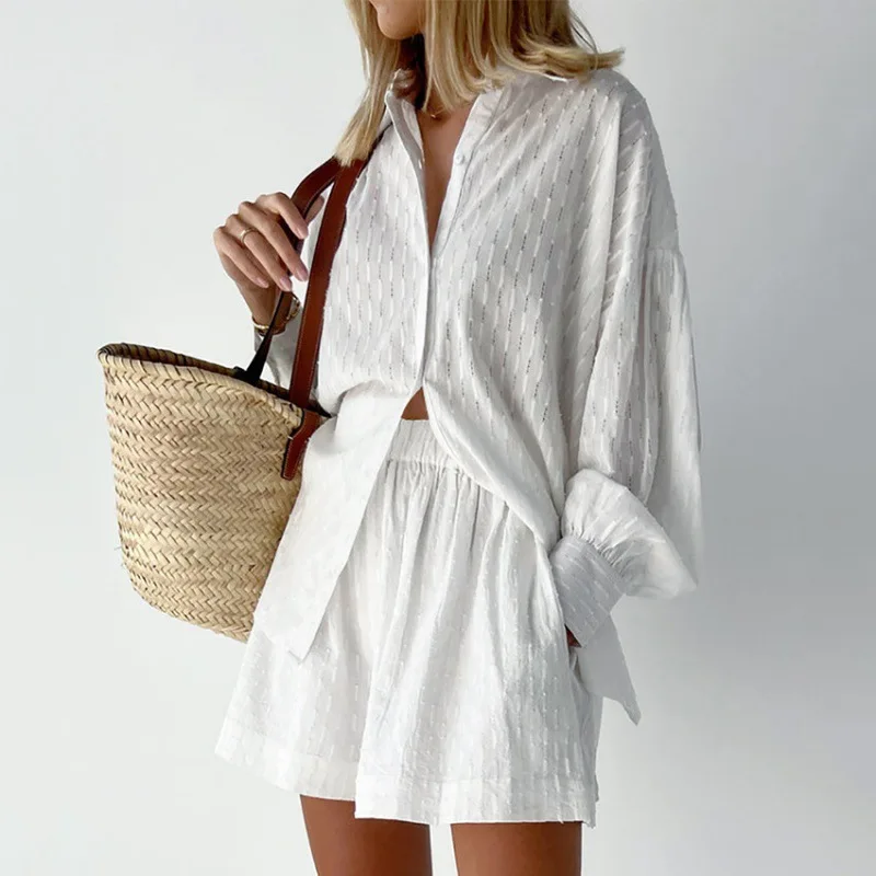 Fashion Jacquard Summer Loose Shorts Long Sleeved Shirt 2 Piece Sets Women Outfit Short Sets Conjuntos Para Mujeres 2 Piezas