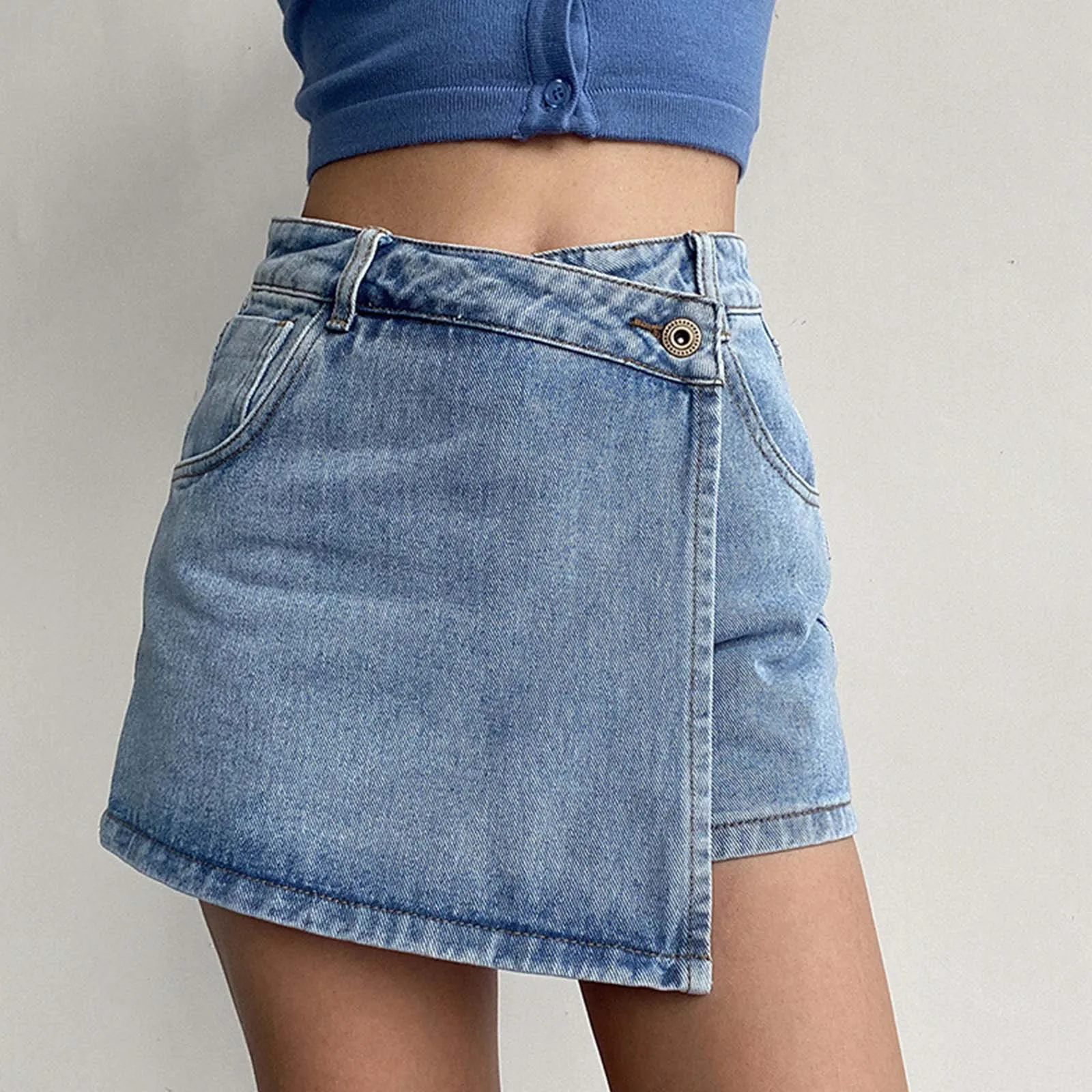 

Ladies High Waist A Line Denim Shorts Light Wash Fake Two Piece Design Chic Slimming Fit Jeans Trousers Fashion Casual Shorts