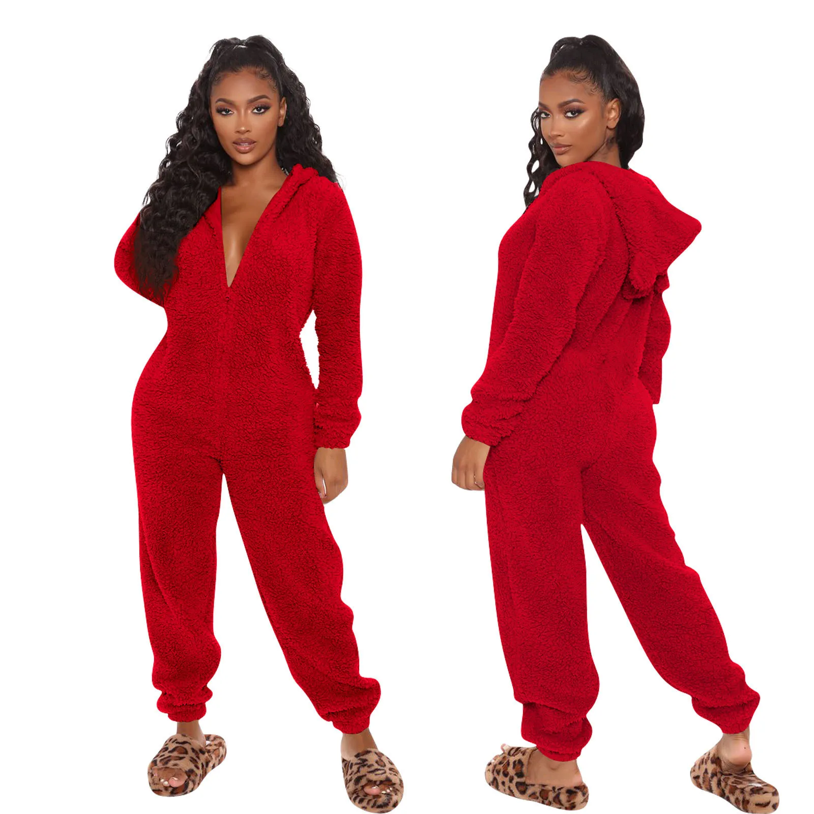 Women's Fashion Long Sleeve Hooded Faux Fur Jumpsuit Pajamas Casual Winter Warm Solid Color Cute Bear Rompers Homewear NEW
