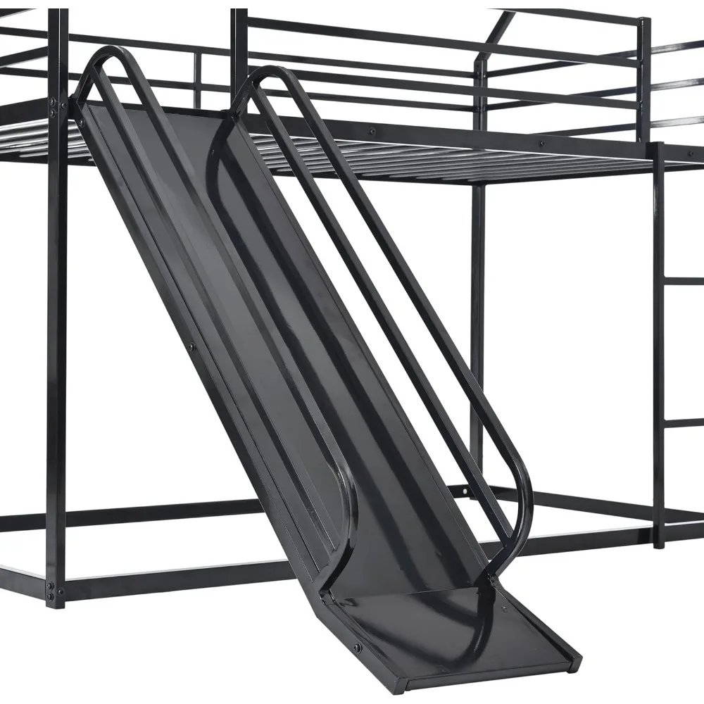 Twin Over Twin Metal Floor Bunk Bed with Slide,Metal Junior House Twin Size House Bunk Bed Frame with Ladder & Roof for Boy Girl 6
