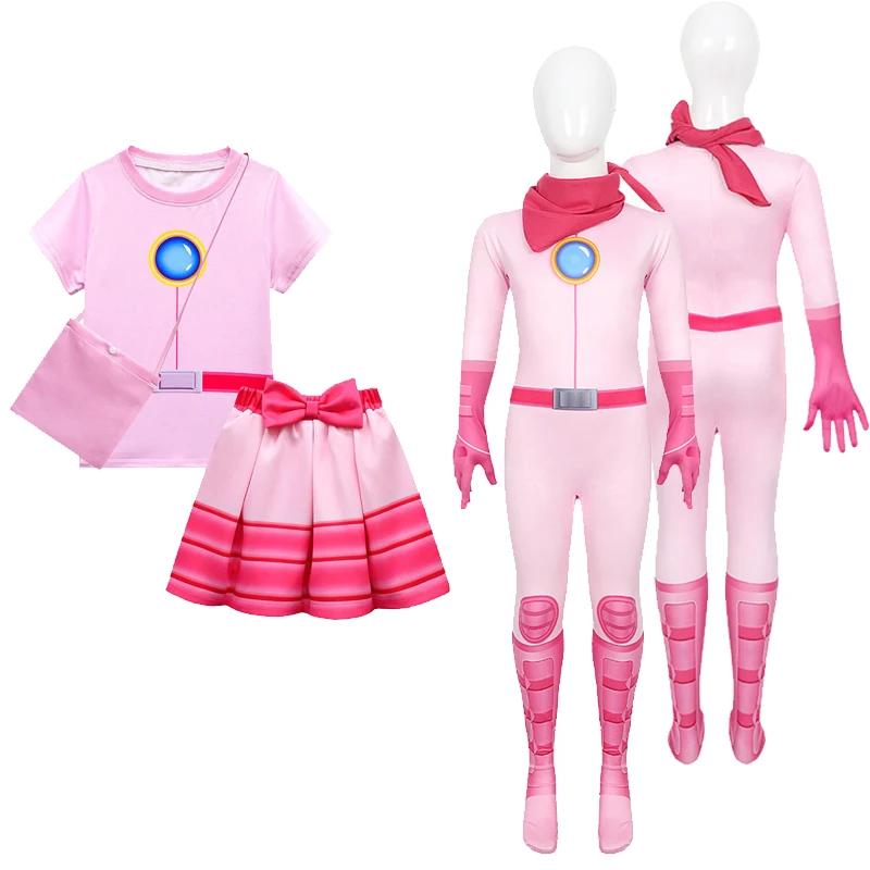 

Kids Princess Cos Peach Cosplay Costume Shirt Skirt Baby Pink Dress Full Set Outfit Halloween Party Play Suits For Little Girls