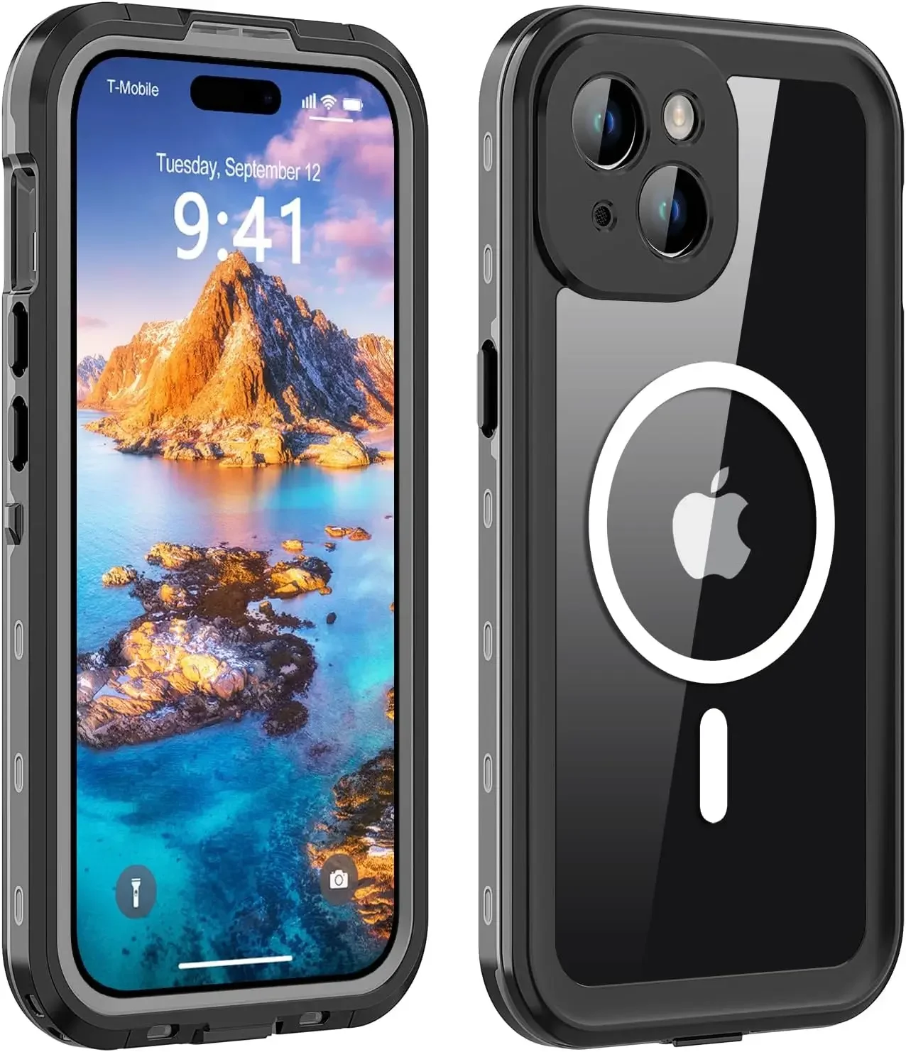 IP68 transparent waterproof and shock-proof case for iPhone 15 14 Plus 13 Pro Max Built-in screen Lens Protector Full body case