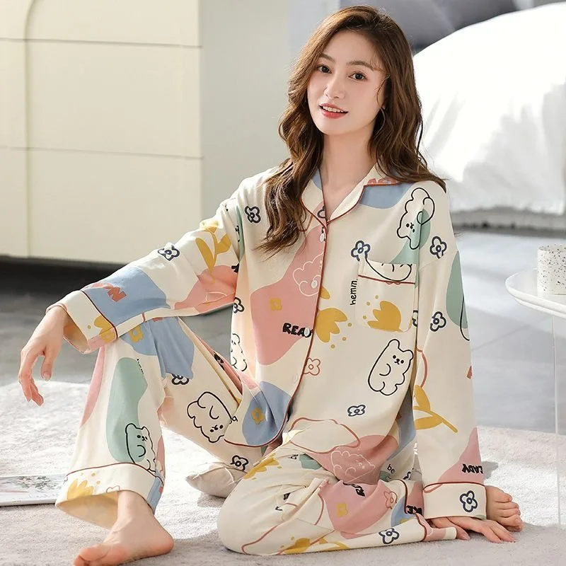 2024 New Women Pajamas Spring Female Pure Cotton Long-Sleeved Cardigan Cartoon Cute Sleepwear Sets Casual Loose Homewear Suit
