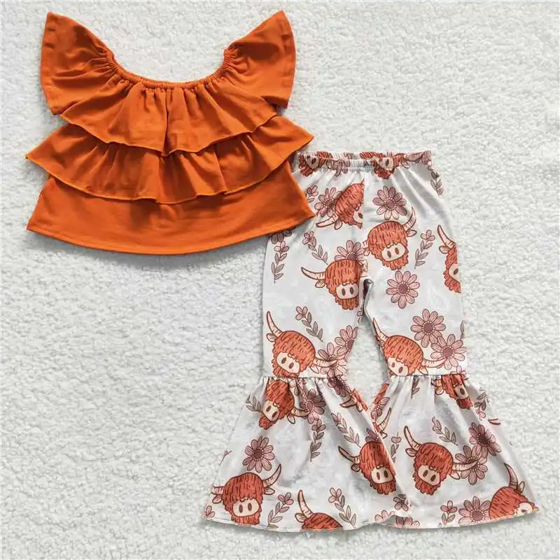 

Wholesale Girls Summer Short-Sleeved Suit Multi-Element Bright Colors Bright Pattern Pants Bell-Bottom Ruffle