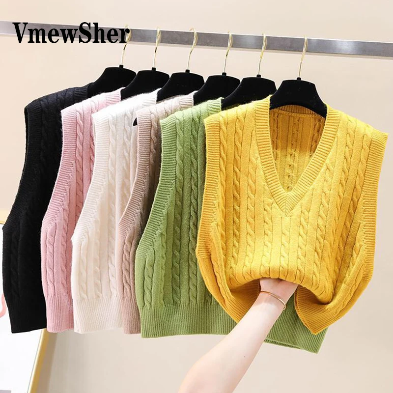 

VmewSher New Women Sleeveless Pullover Cute Vintage Twist Braid V Neck Knitted Sweater Vest Knitwear Women Waistcoat Tops