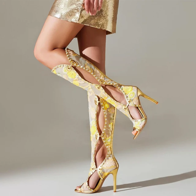 Yellow Floral Rhinestone Open-Toe Stilettos Knee-High Boots Woman