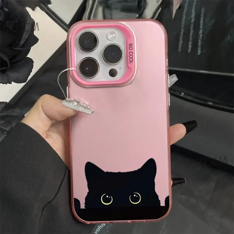 Cute Black Cat Pattern Shockproof Matte Phone Case with Plating Design