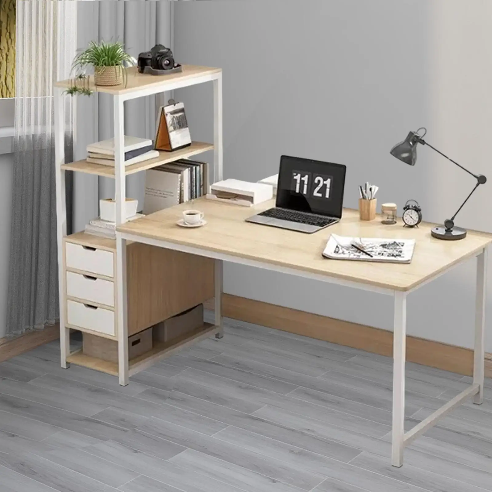 Office Desk Computer Desk with Three Drawer with Open Storage Shelf Corner Desk