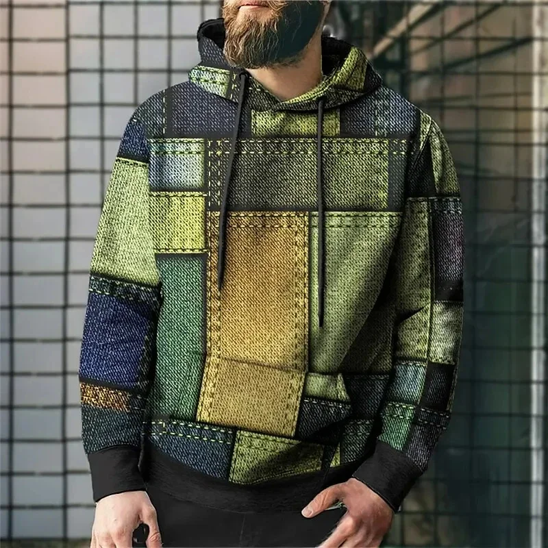 Sudadera con capucha y estampado de cuadros con costura simulada para hombre, jersey con estampado 3D de bloques de color, sudaderas holgadas unisex para la calle