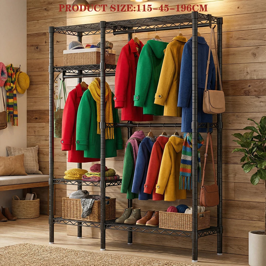 Black Metal Garment Rack 780LBS, 4-Tier 6 Storage Shelf Freestanding Wardrobe, Small Space Organizer for European Apartment