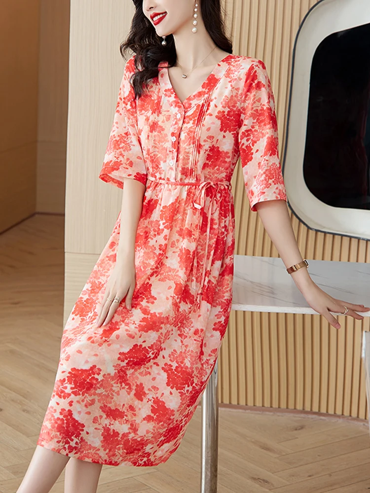 

2024 Summer Midi Floral Ramie Beach Boho Dress Women Elegant Light Fashion Casual Longue Tunics vintage Dresses For Women Party