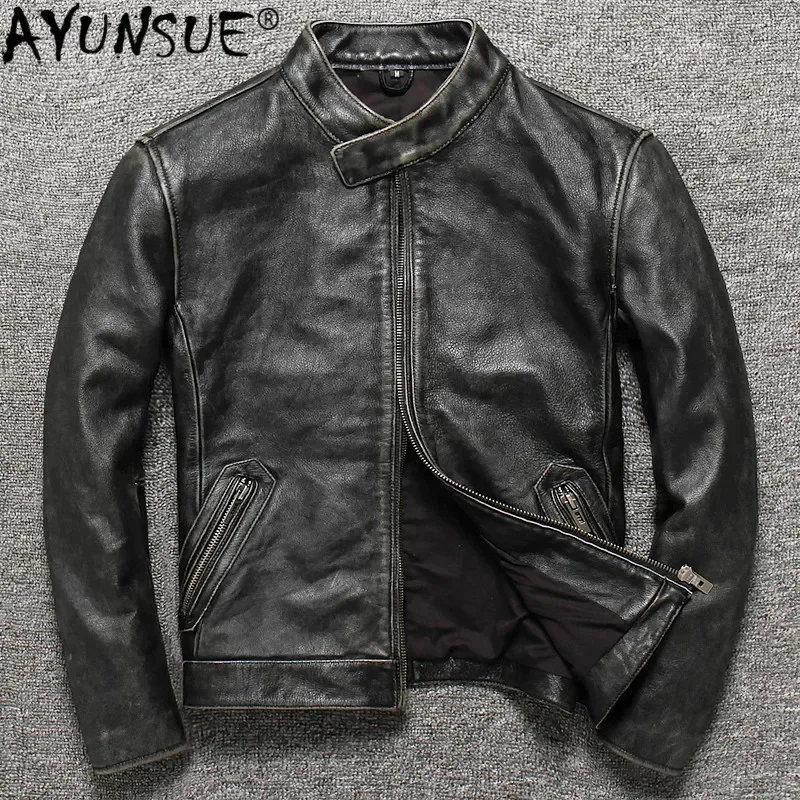 

AYUNSUE Vintage Genuine Leather Jacket Men Short Spring Autumn Mens Real Cow Stand Collar Motorcycle Cowhide Slim