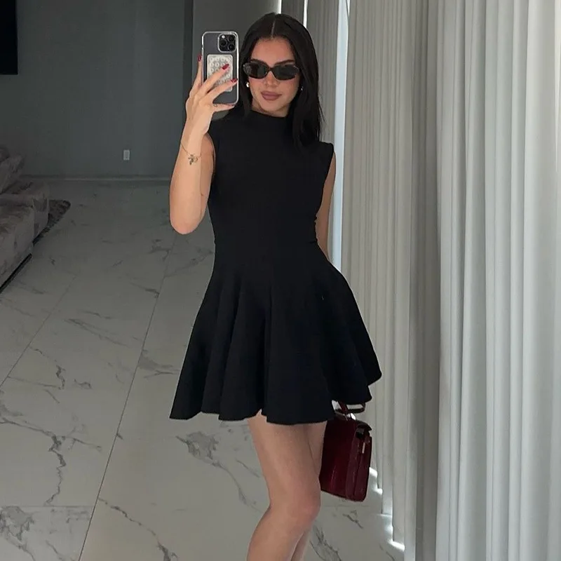 Sleeveless Folds Mini Dress Women's Solid Color High Waist Outfits Half Turtleneck Elegant Club Casual Party Dress A-Line