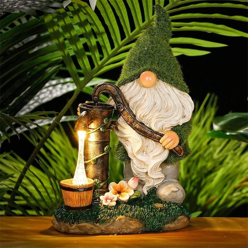 Figura de resina de Gnomo de jardín flocado, escultura Solar, de jardín, figuritas miniatura para patio al aire libre, luces solares, decoración del hogar| | - AliExpress
