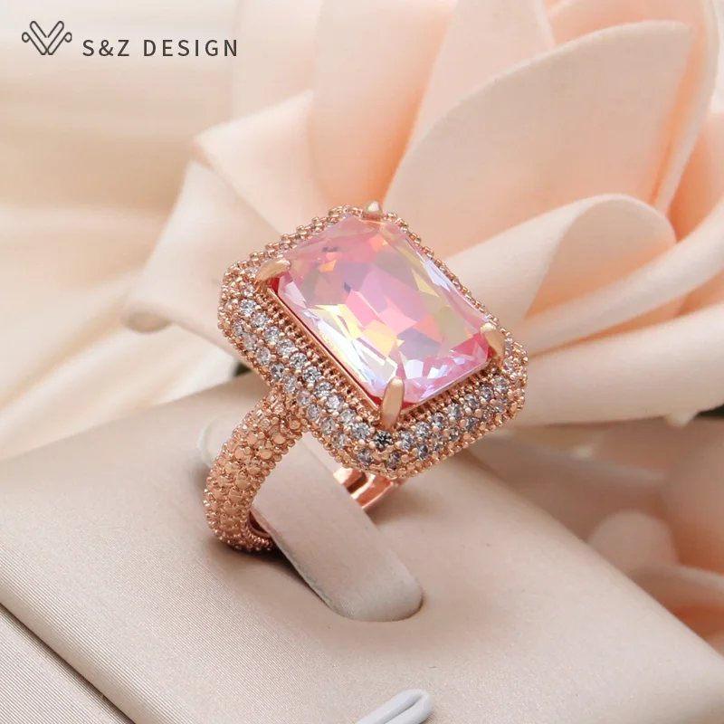 S&Z DESIGN New Fashion Adjustable Rectangle Crystal Rings For Women Wedding Luxury Micro Cubic Zirconia Jewelry Fine Gift