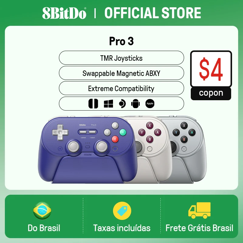 Controlador de jogos sem fio 8BitDo Pro 3 para Switch 1/2 Windows, Apple, com joysticks TMR, gatilhos comutáveis, botão intercambiável