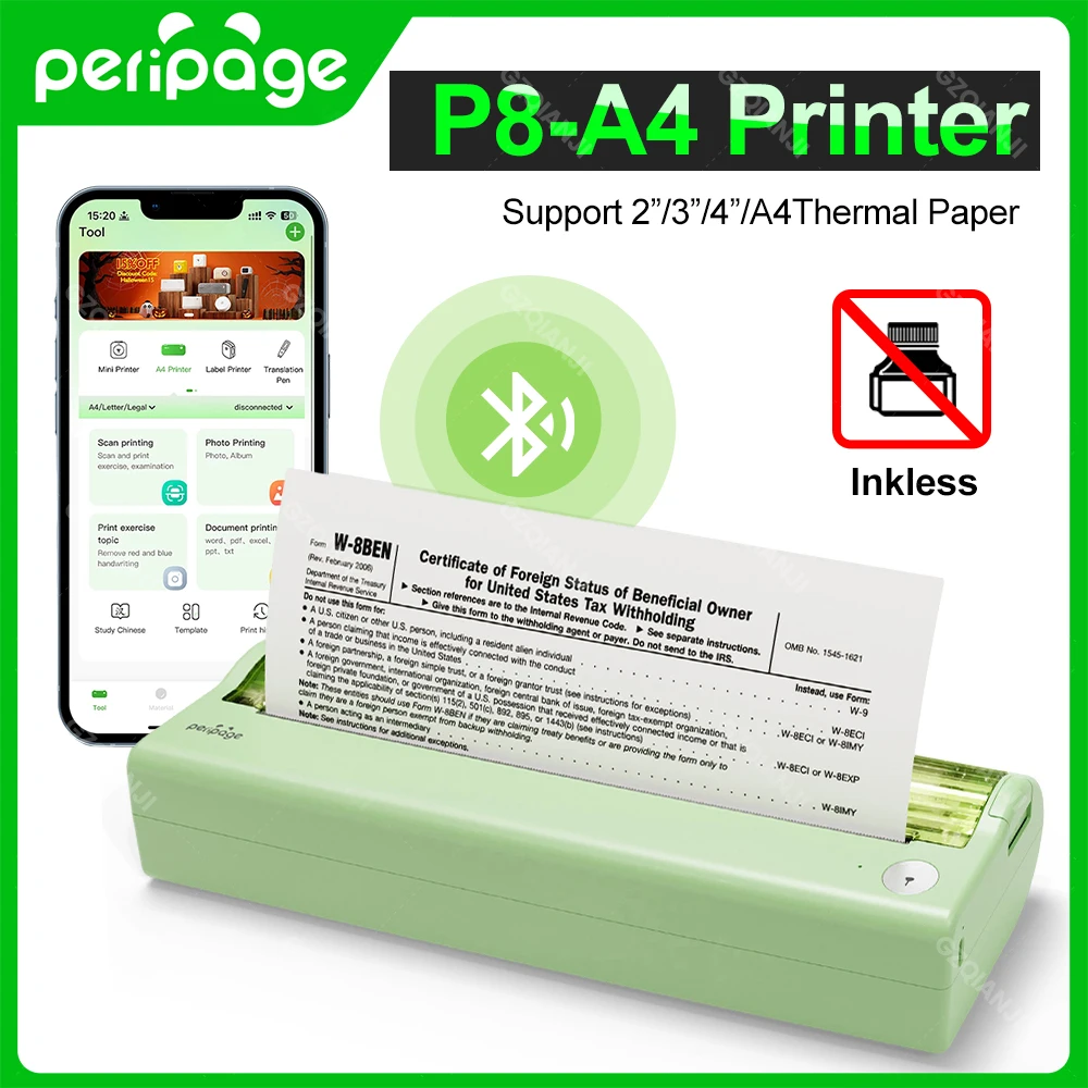 

Peripage P80 A4 Thermal Printer Mini Portable Inkless Wireless Word/TXT/PDF Photo Office Mobile Printing Transfer Tattoo Maker