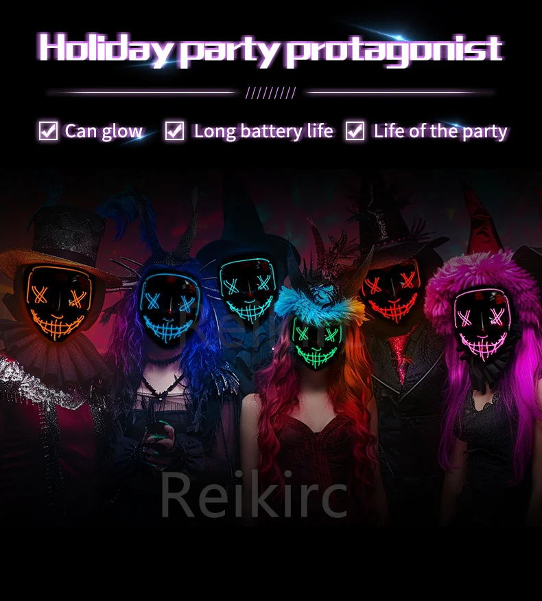 REikirc LED neón Cosplay máscaras máscara de Halloween disfraz fiesta de disfraces máscara de terror luz que brilla en la oscuridad máscara divertida