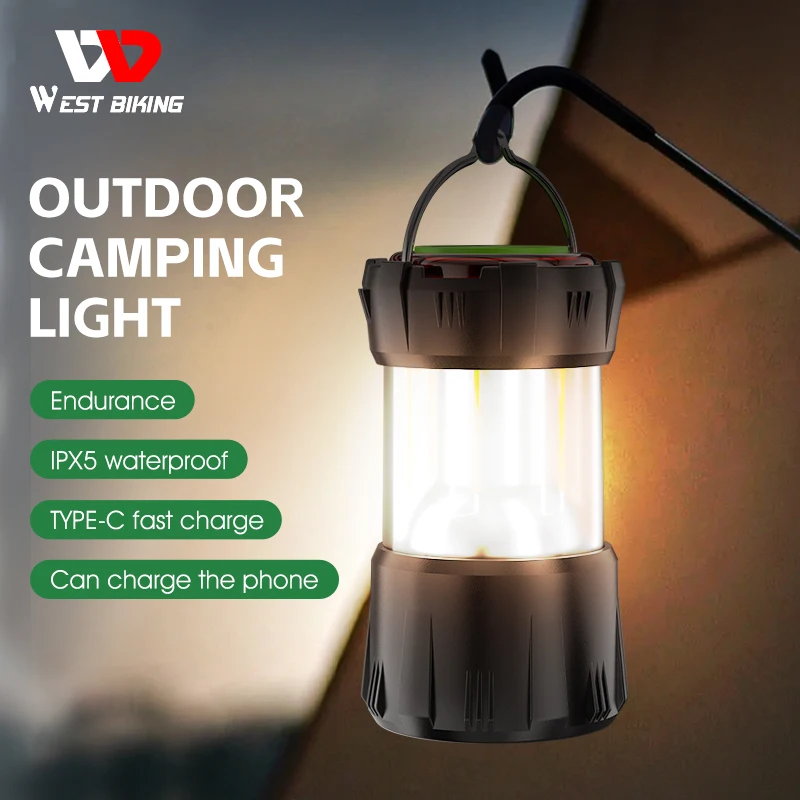 

WEST BIKING Outdoor Camping Light IPX5 Waterproof Fishing Hiking LED Portable Flashlight Power Bank Emergency Retro Tent Lamp