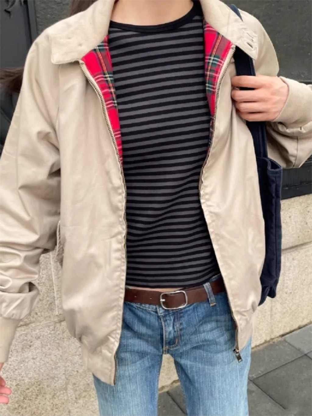 

Streetwear Solid Vintage Jacket Woman Buttons Stand Collar Pocket Red Plaid Long Sleeve Y2k Parka Coat Autumn Fashion Jackets