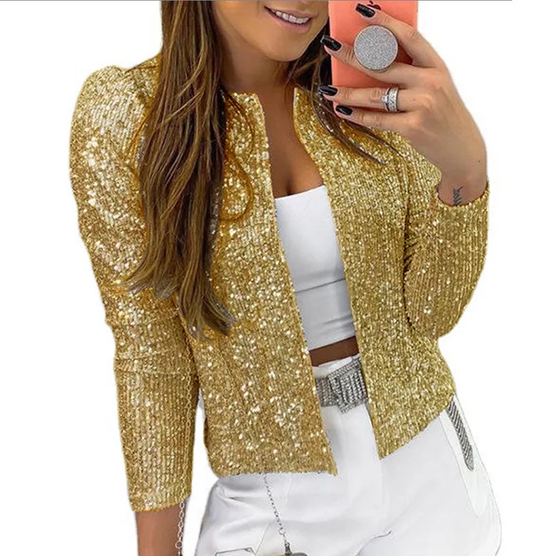 Jackets for Women 2023 Spring Women's Fashion Stand Up Collar Solid Color Sequin Coat Short Casual Versatile Small Coat