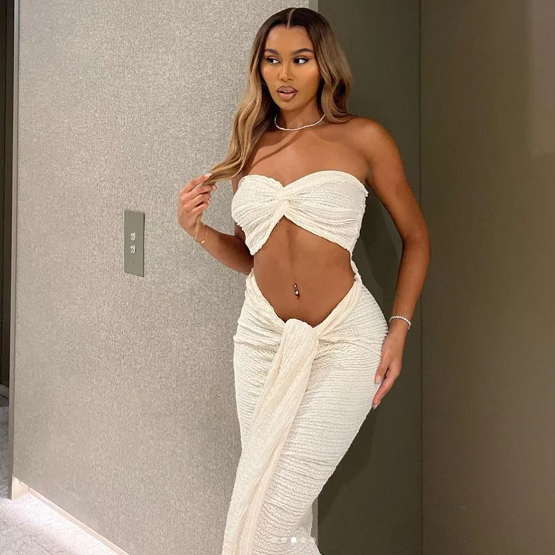 Elegant Women 2 Piece Set Midnight Thin Striped Knot Strapless Tops+Bandage Skirts 2024 Vacation Matching Clubwear Swimwears