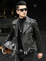 Spring Autumn Short Cool Black Leather Biker Jacket Men Zipper Long Sleeve Belt Plus Size European Fashion brand leather jackets 1