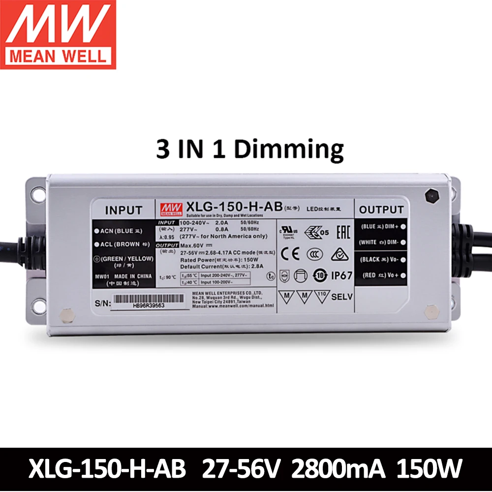 

MEAN WELL XLG-150 12V 24V 27-56V 2700mA 1400mA 2800mA constant power LED driver IP67 150W adjustable power Supply XLG-150-H-AB