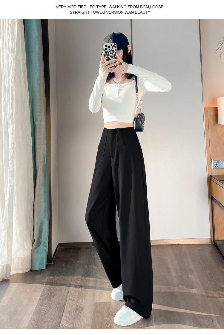 Herbst hohe Taille lässige Frauen Hosen einfache grundlegende schwarze koreanische gerade Hosen weibliche schicke einfarbige schlanke lose Frau Hosen – Detail 16