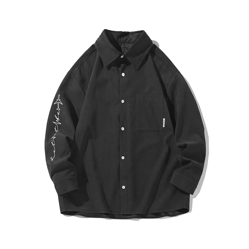 Solid Trendy Casual Length Sleeve ButtonTurn Down Collar Shirt Embroidery Pocket Blouse Student Style Streetwear Black Green
