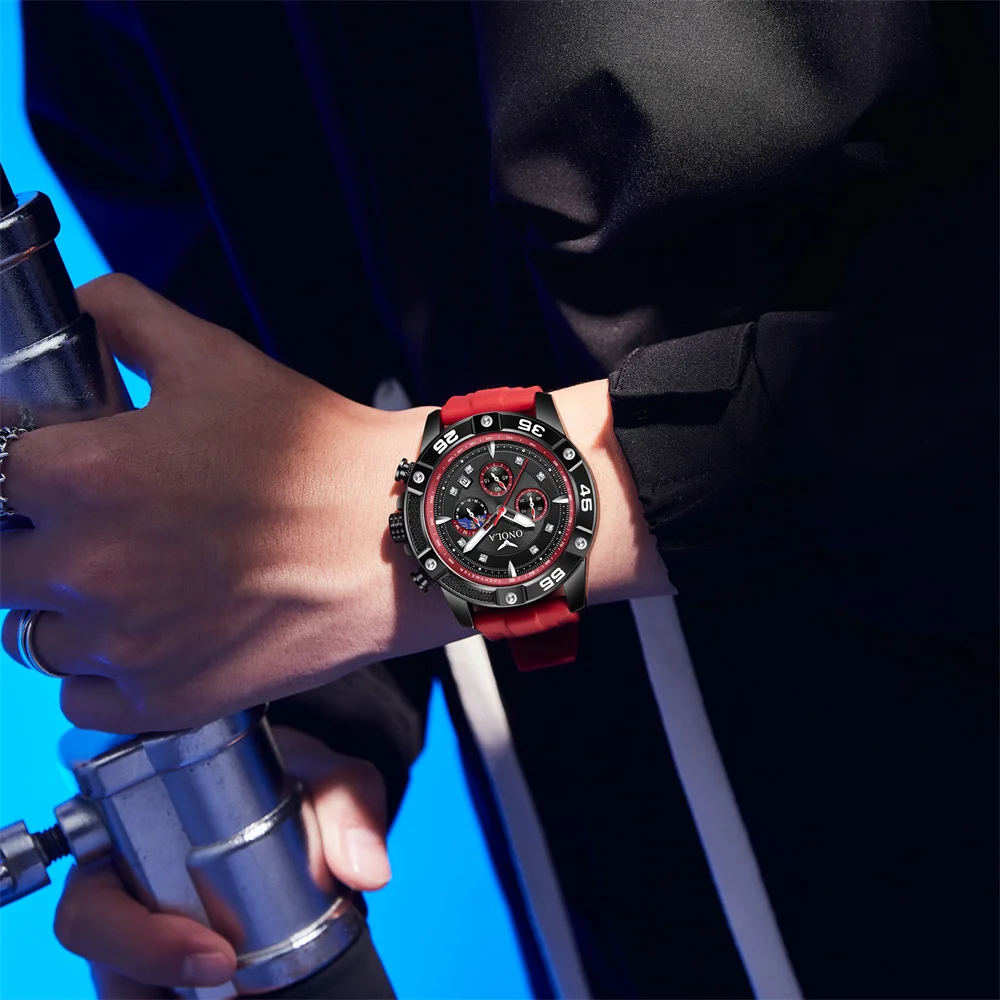 New Fashion Watch For Men Sport Chronograph Quartz Wristwatch Red Silicone Strap Waterproof Male Clock Best Sale Product 2024
