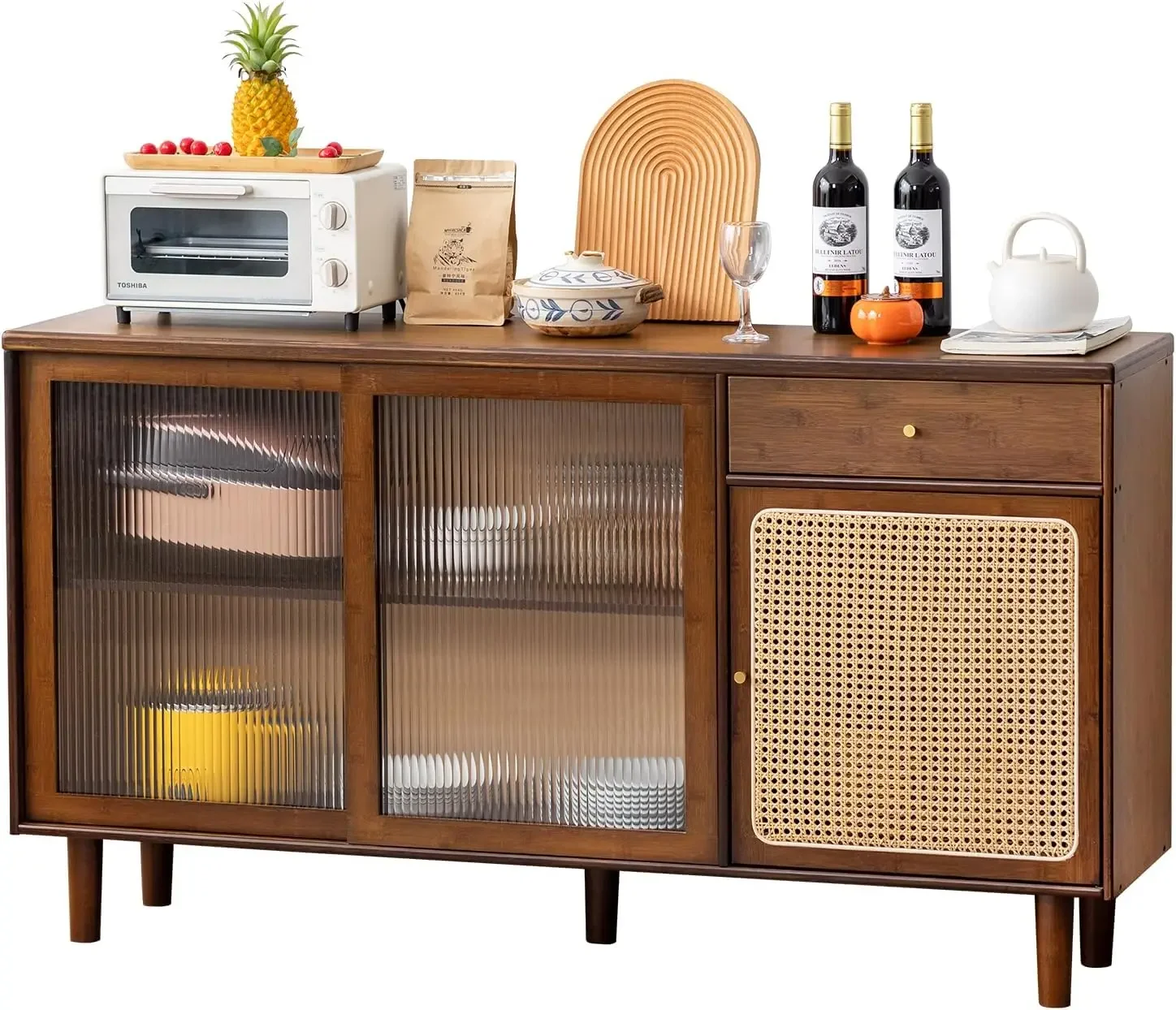 Tiita Bamboo Sideboard Buffet Cabinet, Rattan Kitchen Storage Cabinet with Drawer, Boho Coffee Bar Tables for Kitchen Living