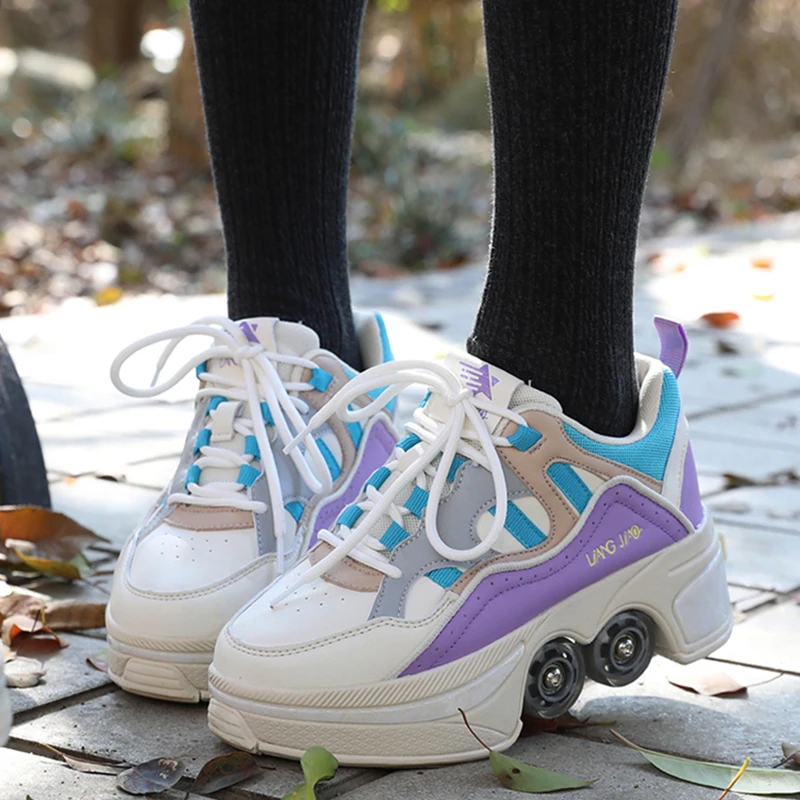 Scarpe da Skate a rotelle deformabili pattini a 4 ruote pattini professionali a doppia fila scarpe da ginnastica deformate con 4 ruote scarpe regali