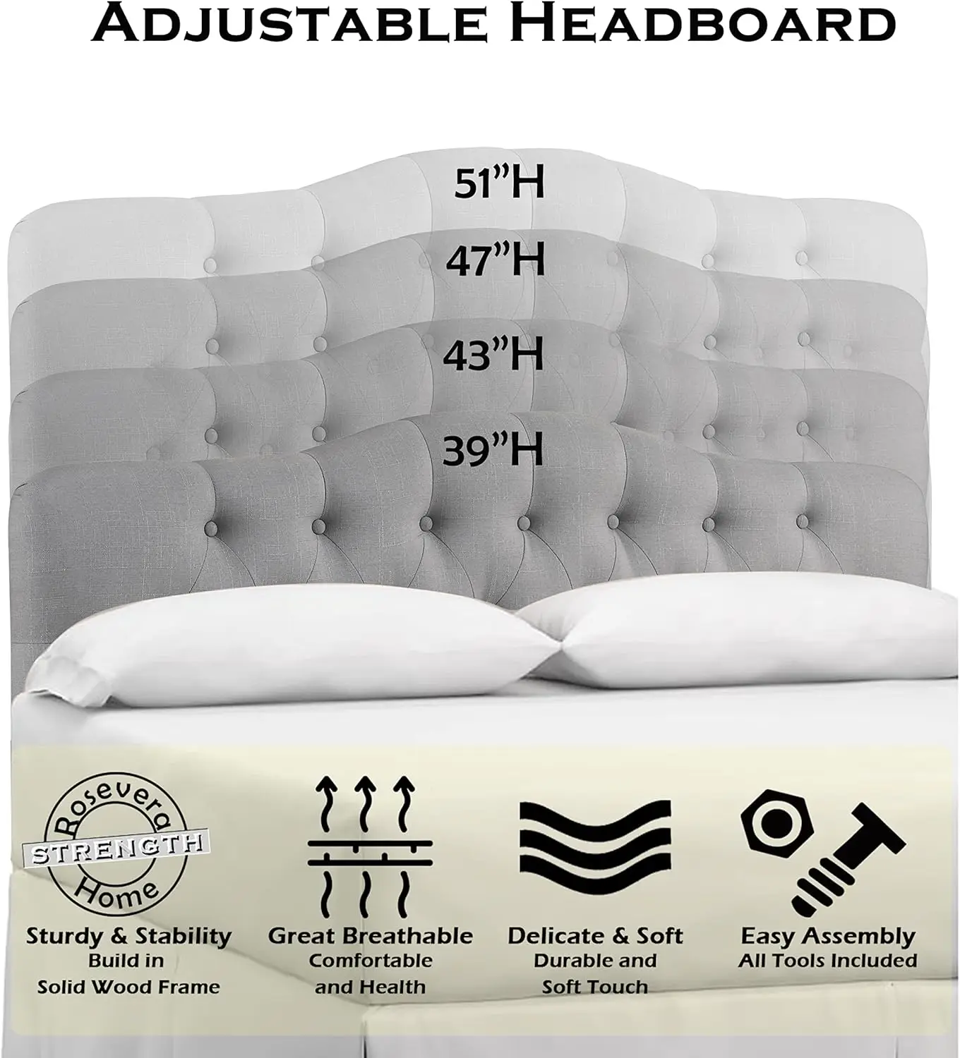 Darax Linen Upholstered Headboard-Modern-Adjustable Height-Button Tufting, Queen, Gary