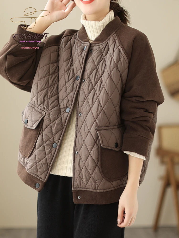 

Women's Coat 2023 New Art Retro Splice Cotton Clothes Autumn Winter Diamond Check Stand Collar Warm Casual Jacket Tops