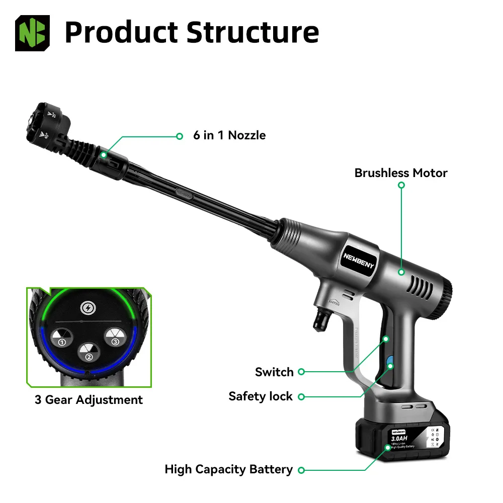 Electric Pressure Washer 3500W 200Bar Brushless Cordless Car Garden Cleaning Spray Gun For Makita 18V Battery Pin