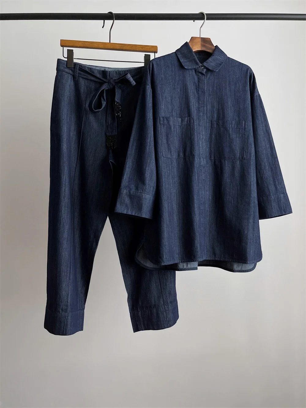

Women Denim Suit Turn-down Collar Pockets Loose Shirt or High Waist Wide Leg Pants With Belt