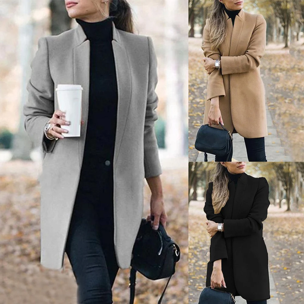 

European and American Fashion Solid Color Stand Collar Woolen Coat European and American Fashion Solid Color Stand Collar Woolen