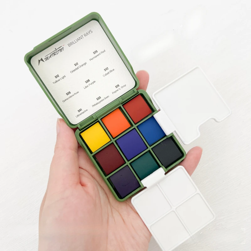 Travel Solid Watercolor Set Transparent Watercolor Paint 9 Colors Portable Sketching Painting Tool with Palette Washing Bucket