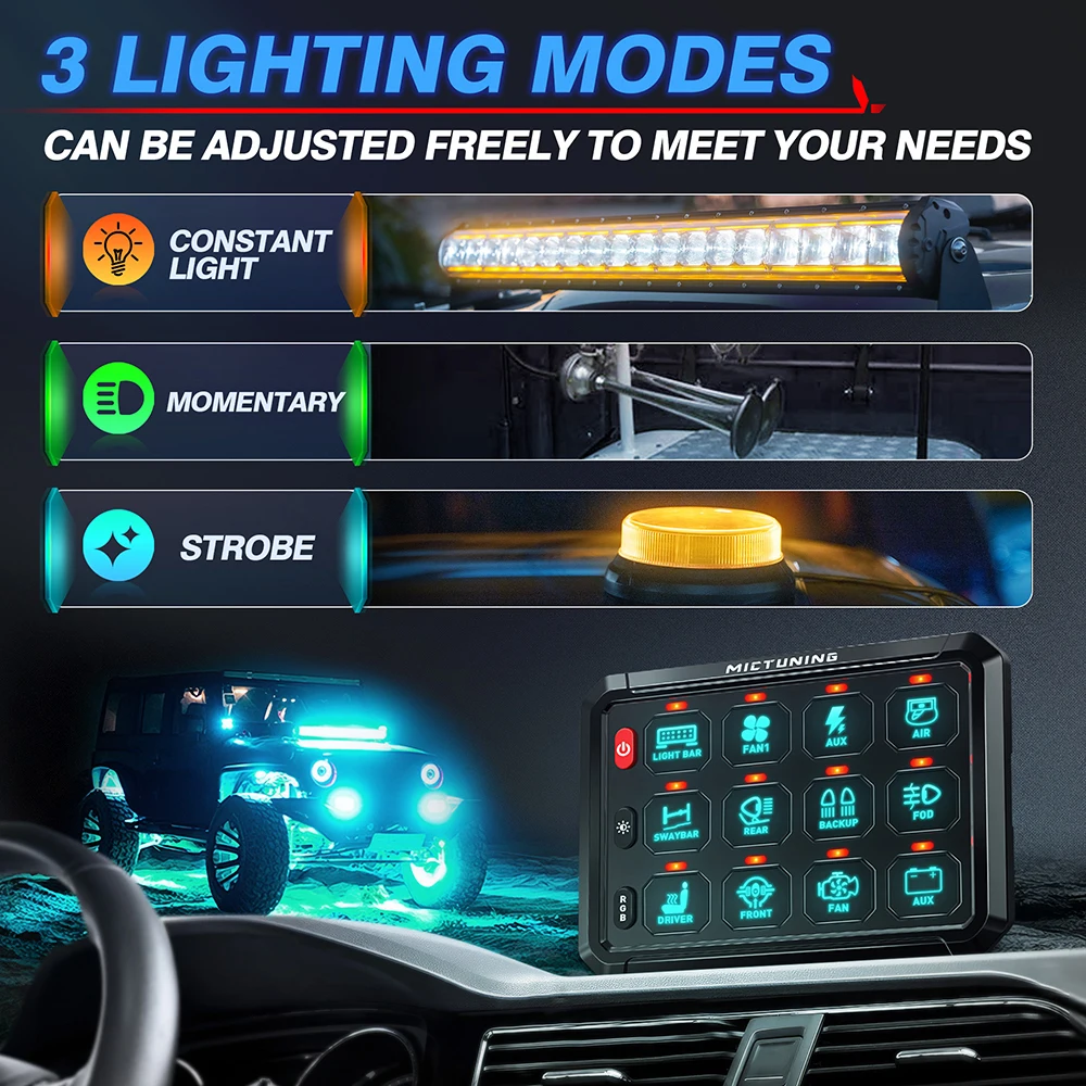 Mictuning 8/12 Gang RGB 스위치 패널 Led 작업 표시 줄 스위치 범용 자동차 용 박스 컨트롤러 트럭 보트 UTV 4X4 4WD
