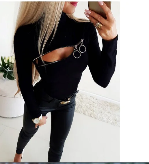 

Женская футболка с длинным рукавом, на молнии, однотонная черная Осенняя Футболка с воротником-стойкой, 2022