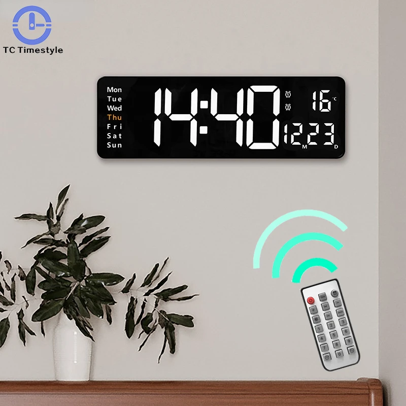 Large Digital Wall Clock Temperature Date Electronic Clock with Backlight Wall-mounted Remote Control Large Display Wall Clock