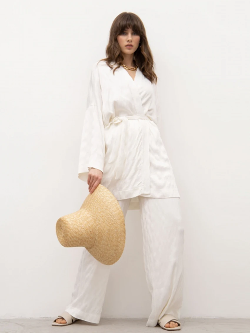 Marthaqiqi Loose Female Sleepwear Set Sexy V-Neck Pajama Long Sleeve Nightwear Lace Up Nightgown Pants Casual Women Nightie Suit