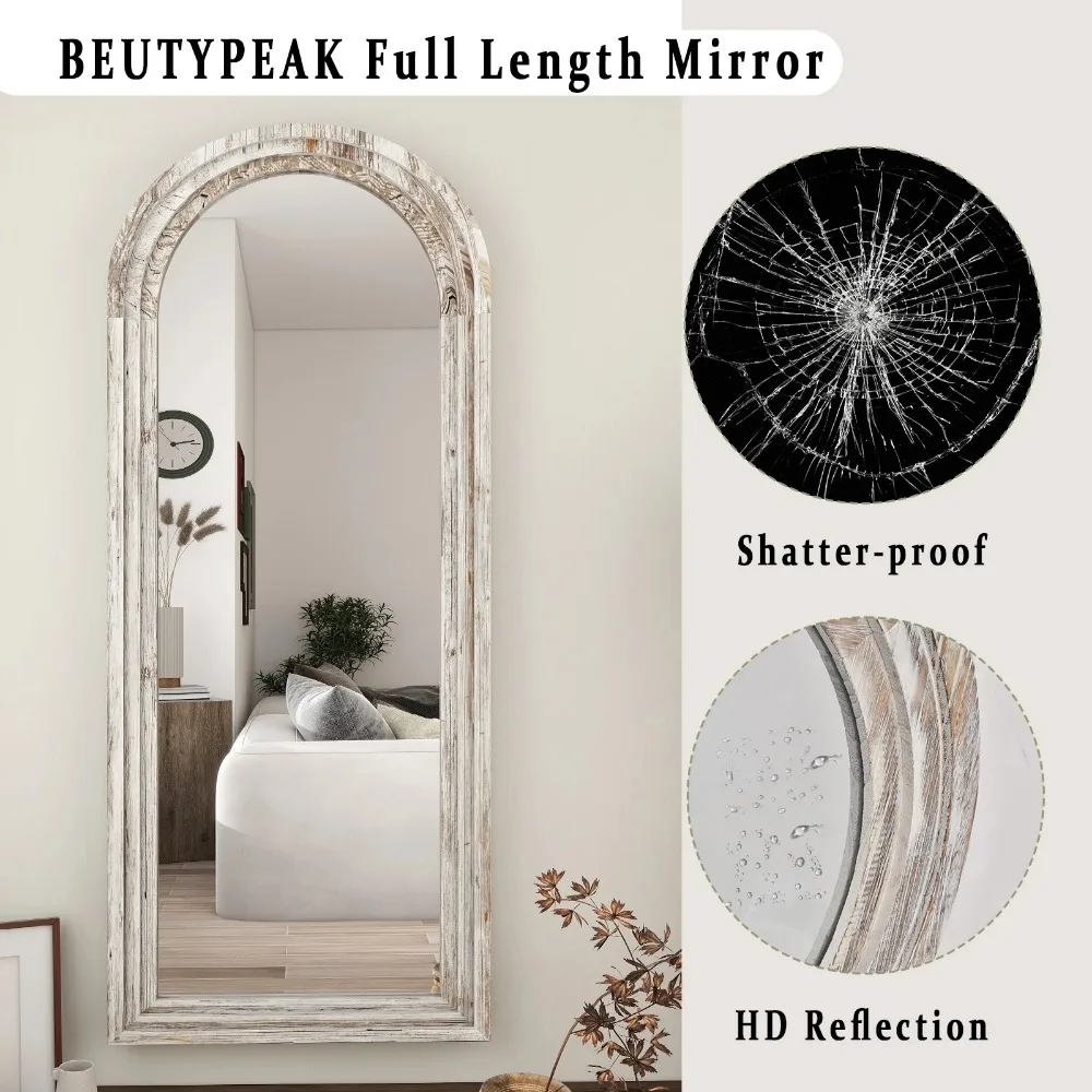 71"x30" Arched Full Length Mirror with Stand Solid Wooden Framed Floor Mirror Full Body Mirror,Retro White
