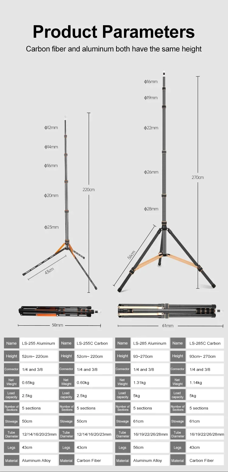 Description Picture 3 of itemSoonpho Tripod LS255C LS285C 200cm 270cm Carbon Fiber /Aluminum Light Stand For Photography Studio Softbox Godox Light Flash