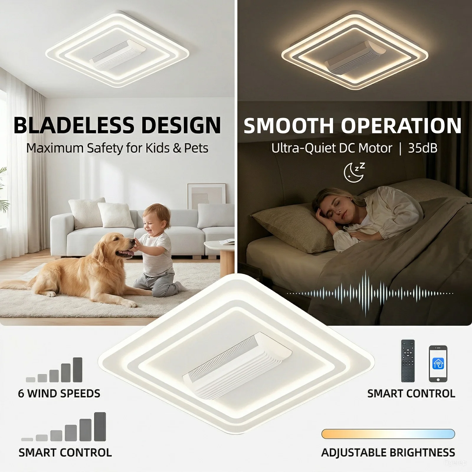 IRALAN Bladeless Ceiling Fan with Light 6-Speed DC Motor with Remote for Bedroom Living Room Dimmable LED Bladeless Fan Lamp
