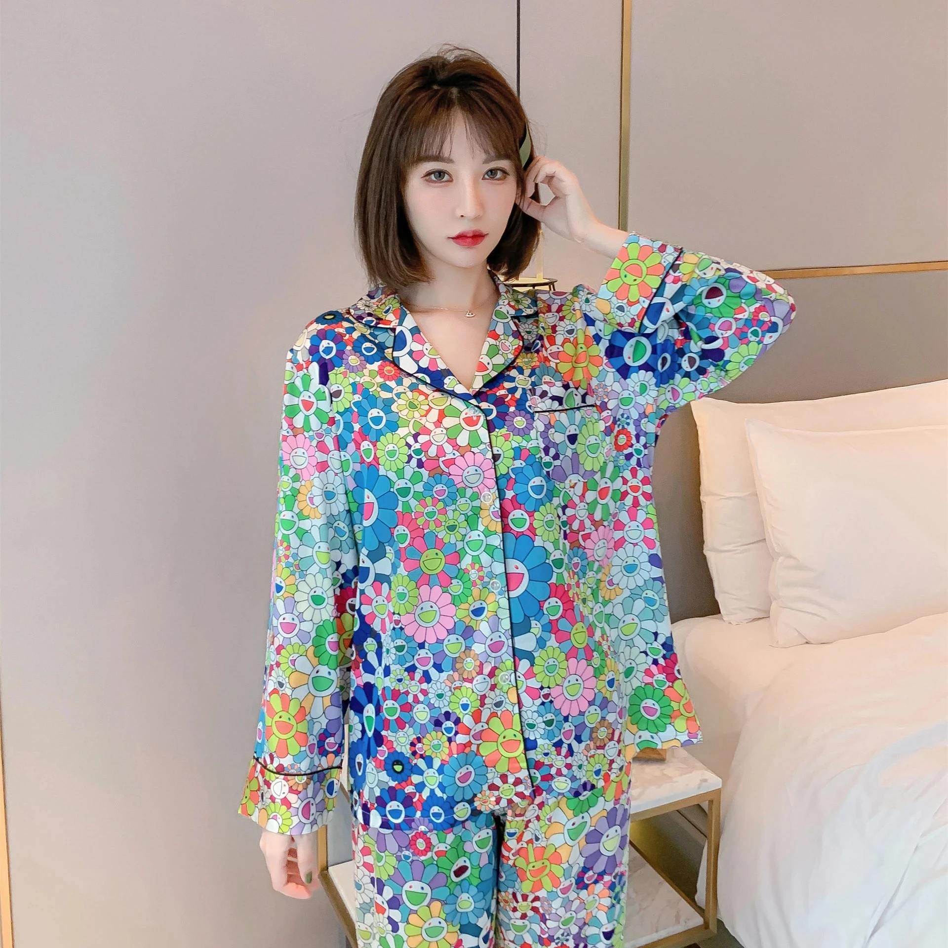 Sunflower Print Women's Pajama Set 2 Pcs with Long Pants Ladies Pijama Suit Summer Spring Satin Silk Home Clothes for Mujer New