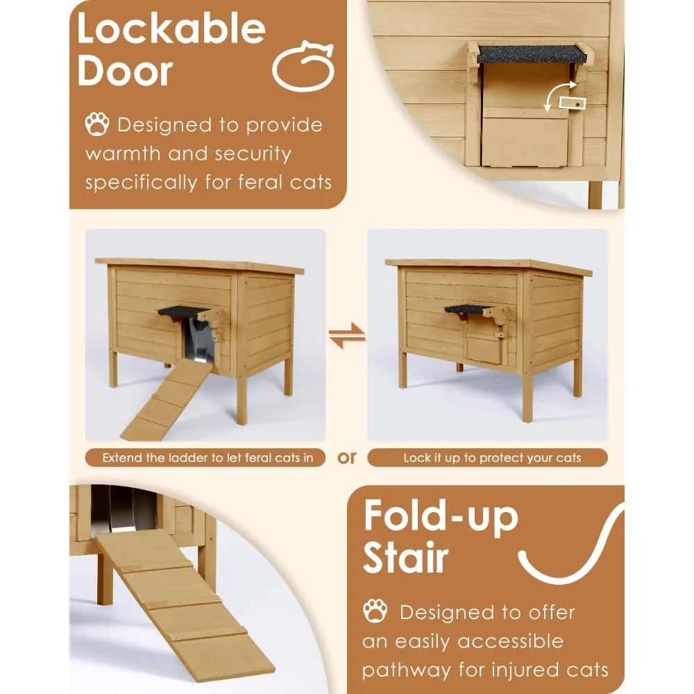 Outdoor-Cat-House Insulated-Feral-Cat-Shelter Weatherproof for Winter Foam & Wood for Multiple Cats Fold-up Stair