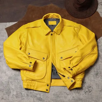 Handsome Short Yellow Soft Pu Leather Jacket 1
